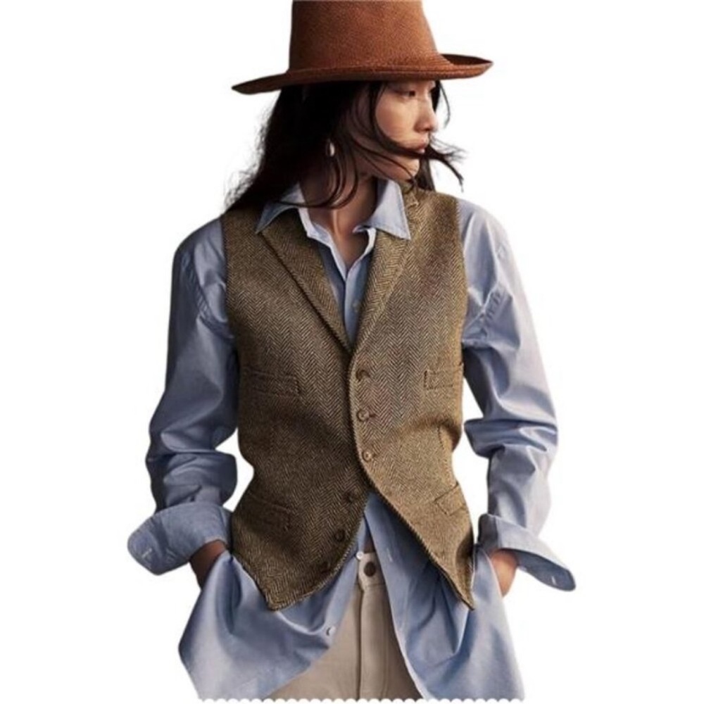 Womens Herringbone Tweed Waistcoat Lapel Sleeveless Blazers V Neck Work Office
